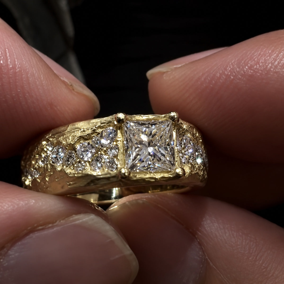 Textured Hammered Statement Ring with Princess Cut Center